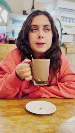 a woman in a red sweater is sitting at a table with a cup of chocolate drink