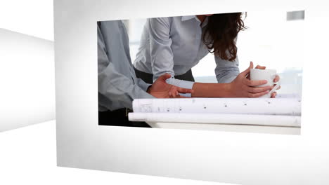 futuristic screen interface showing business people at work