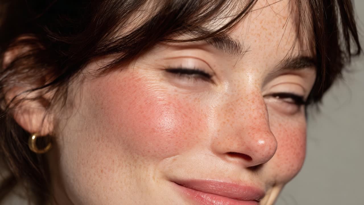 Expressive Beauty: Captivating Close-ups of a Woman with Freckles and Natural Makeup, Emphasizing Genuine Emotions in Soft Lighting Settings