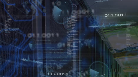 animación del procesamiento de datos, servidores y placas de circuitos informáticos