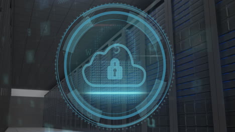 animation of cyber security data processing over padlock and cloud icon scanning against server room