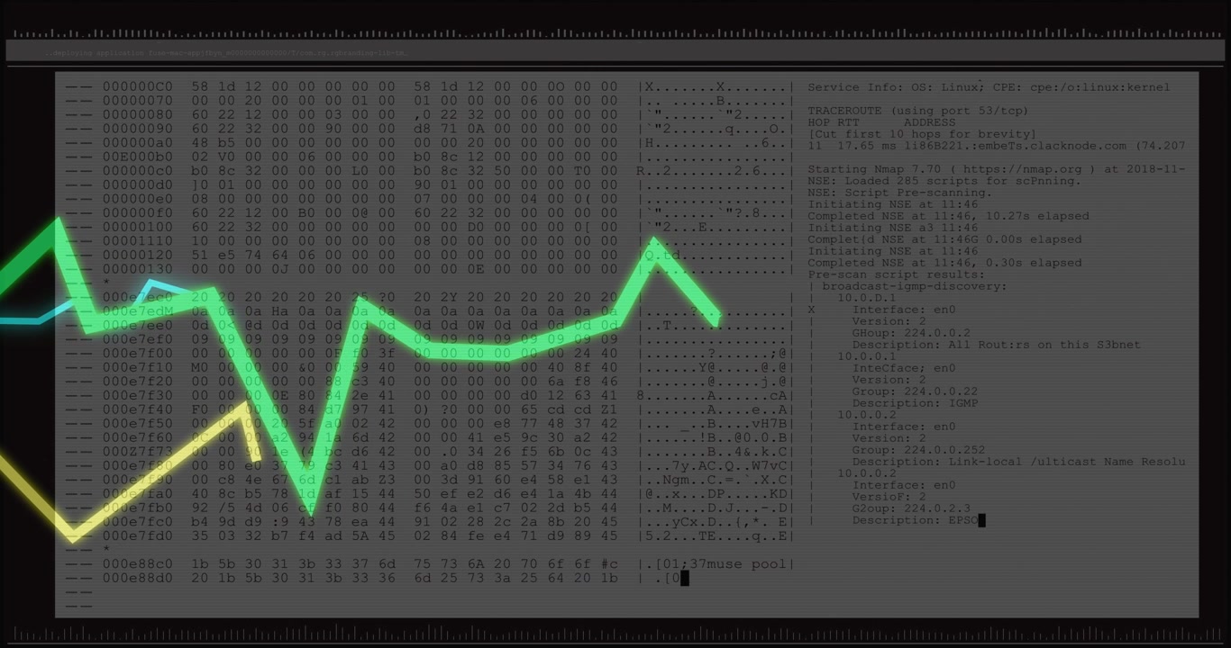 Panel fading in starting neon lines animating across terminal, showing hex logs and blinking cursor