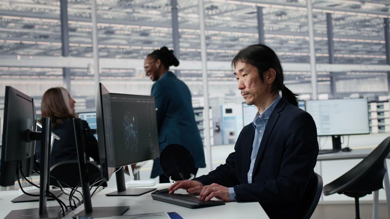 Professional Asian Man Working on Desktop Computer in Modern Office
