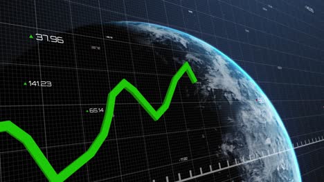 animation of statistical data processing over grid network against globe on blue background
