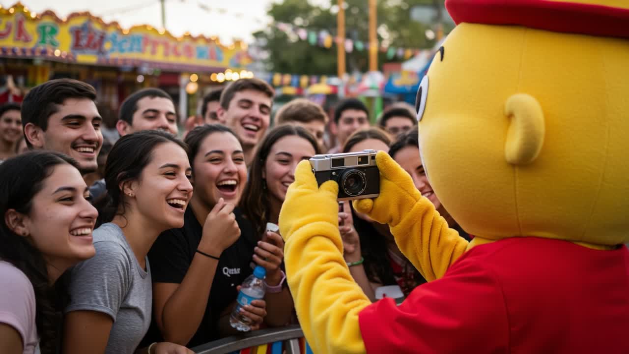 A joyful gathering of young people at a fair, capturing memories with a mascot taking their photo, showcasing laughter and excitement in a vibrant setting