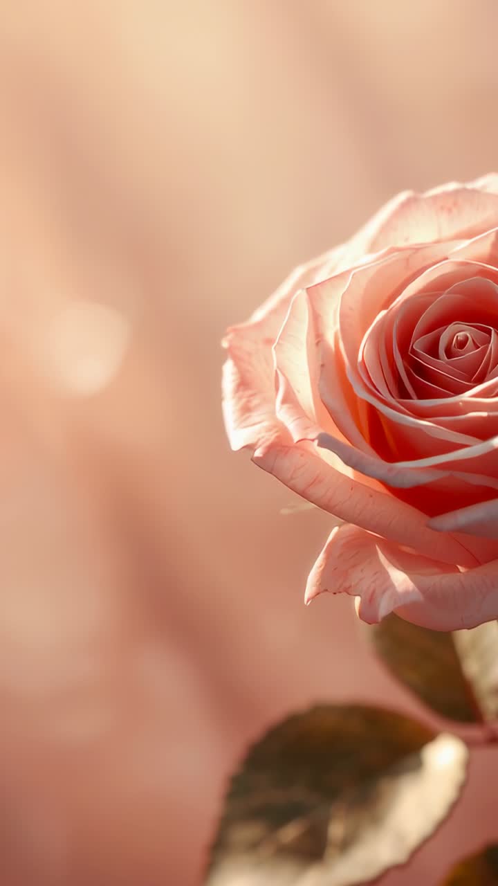 Video verticale: ripresa panoramica di una rosa color pesca che sboccia e si inclina verso l'interno in un giardino, mostrando petali, bokeh e spazio per il testo
