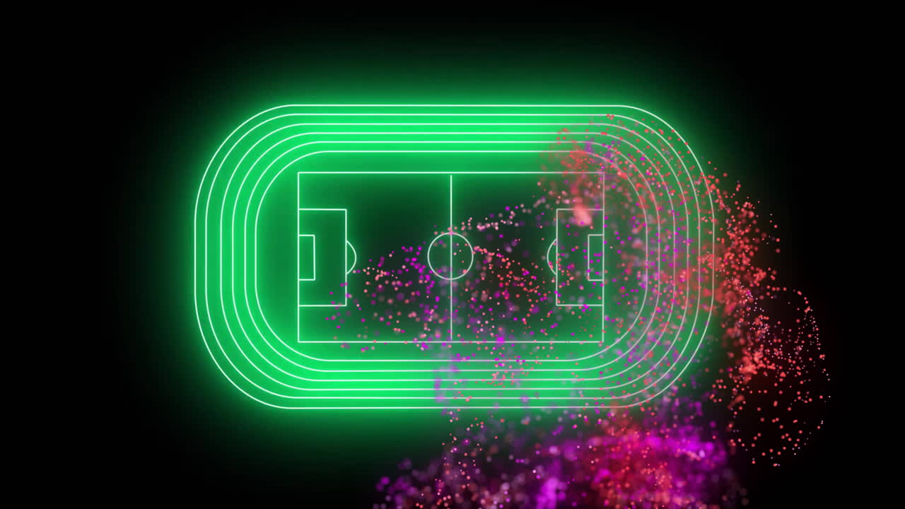 Animacja sieci różowych i fioletowych cząsteczek nad zielonym neonowym stadionem piłkarskim na czarnym tle.