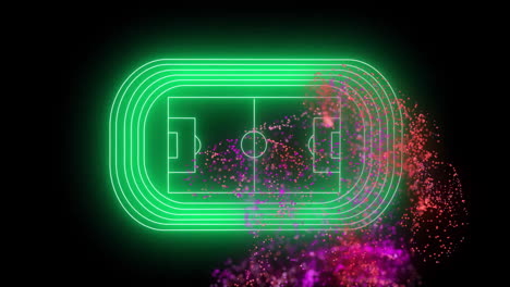 animation of network of pink and purple particles over green neon football stadium on black