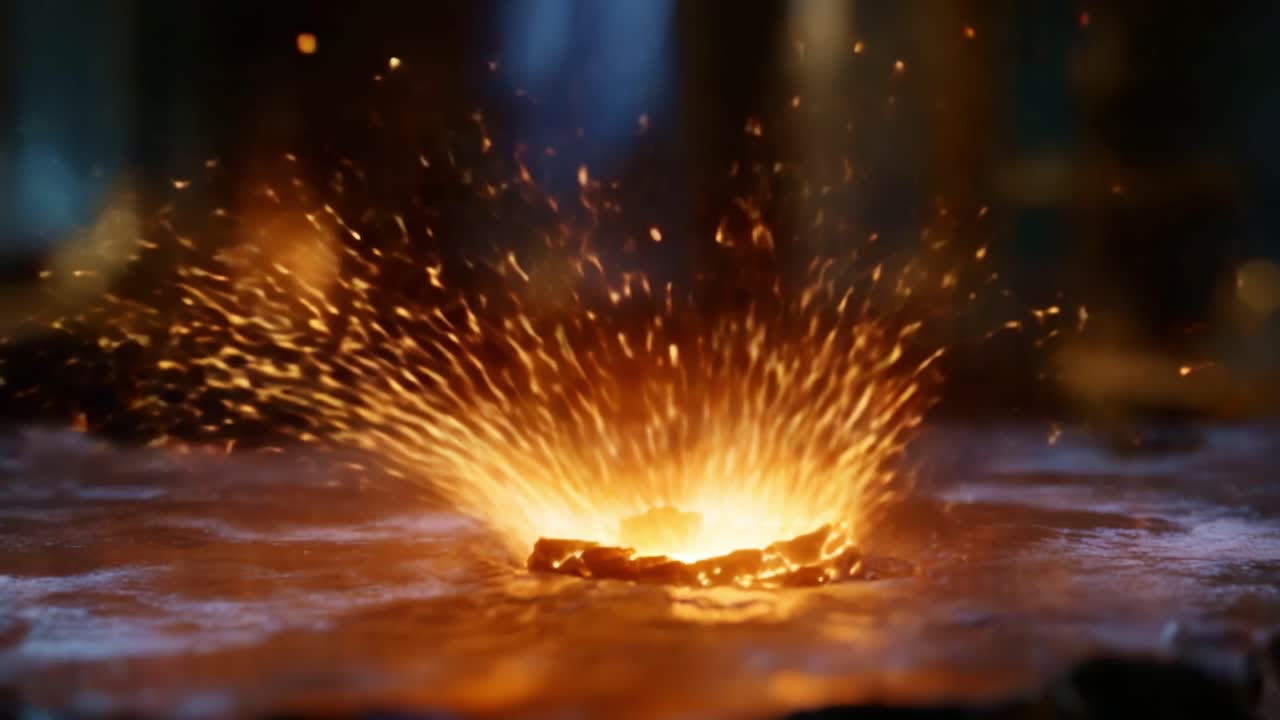Un'esplosione incantevole e scoppiettante di luce fusa ed energia erompe da una superficie, creando scintille accattivanti e una radiazione di particelle infuocate.