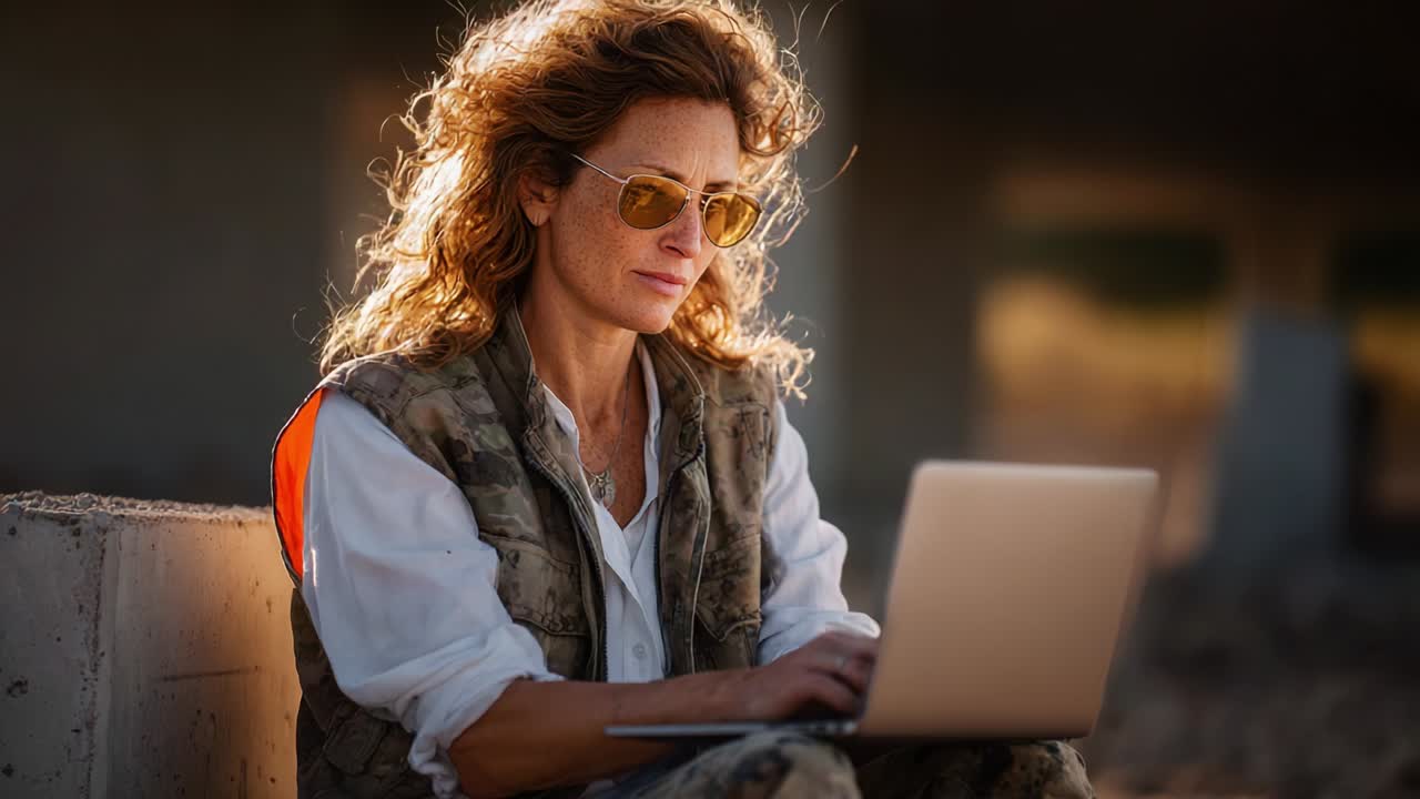 Uma pessoa focada trabalhando intensamente em um laptop ao ar livre, mostrando dedicação e concentração enquanto veste roupas casuais, cercada por um ambiente rústico que realça o clima tranquilo, porém determinado.