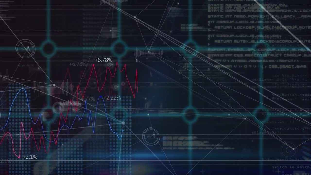 Animation of graphs, data processing and numbers over dark background