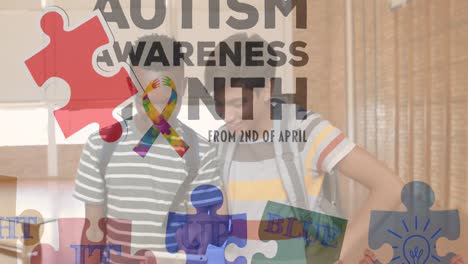 Animation-of-autism-awareness-month-text-over-diverse-schoolchildren-using-tablet