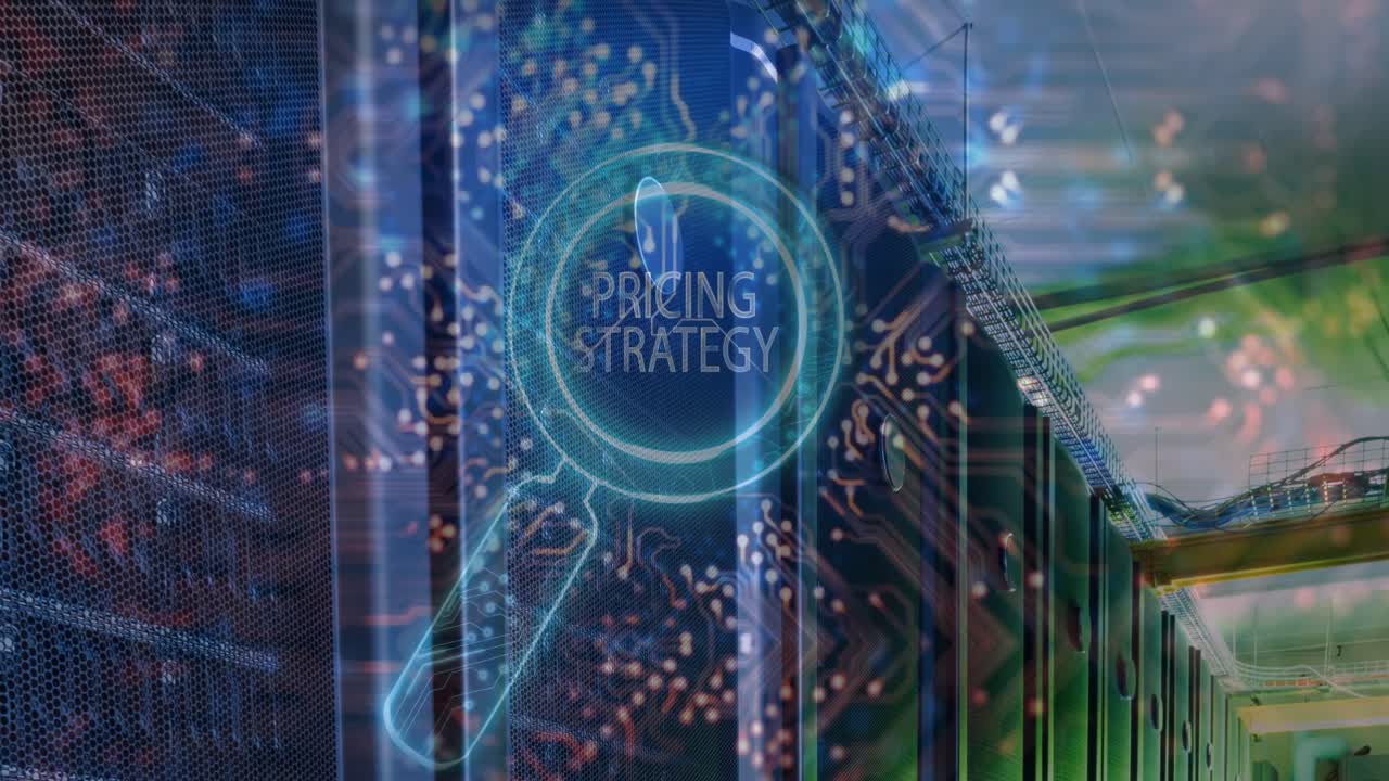 animación del texto de la estrategia de fijación de precios sobre el vidrio de lectura y la sala de servidores