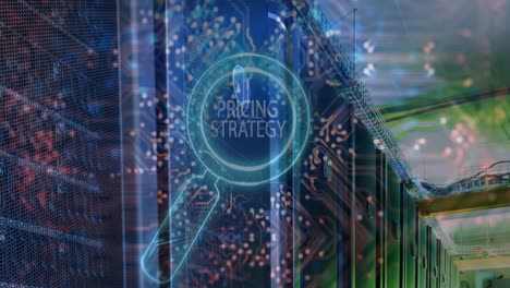 animation of pricing strategy text over reading glass and server room