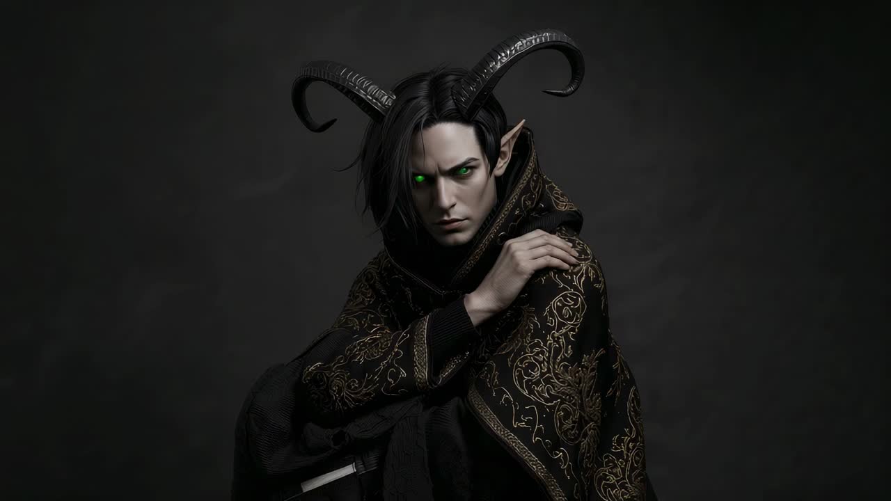Shifting light illuminating horned elf holding crossed arms in studio, with cloak and glowing eye