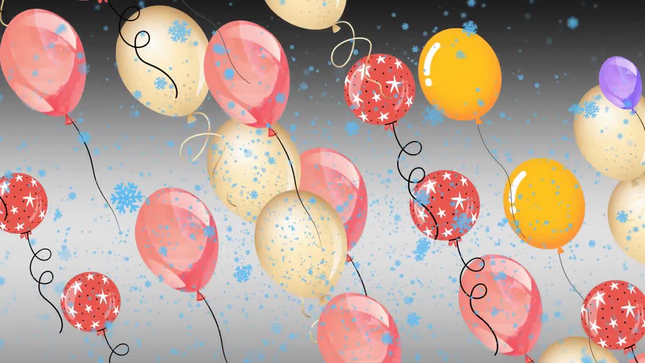 este video presenta globos de colores flotando contra un fondo negro