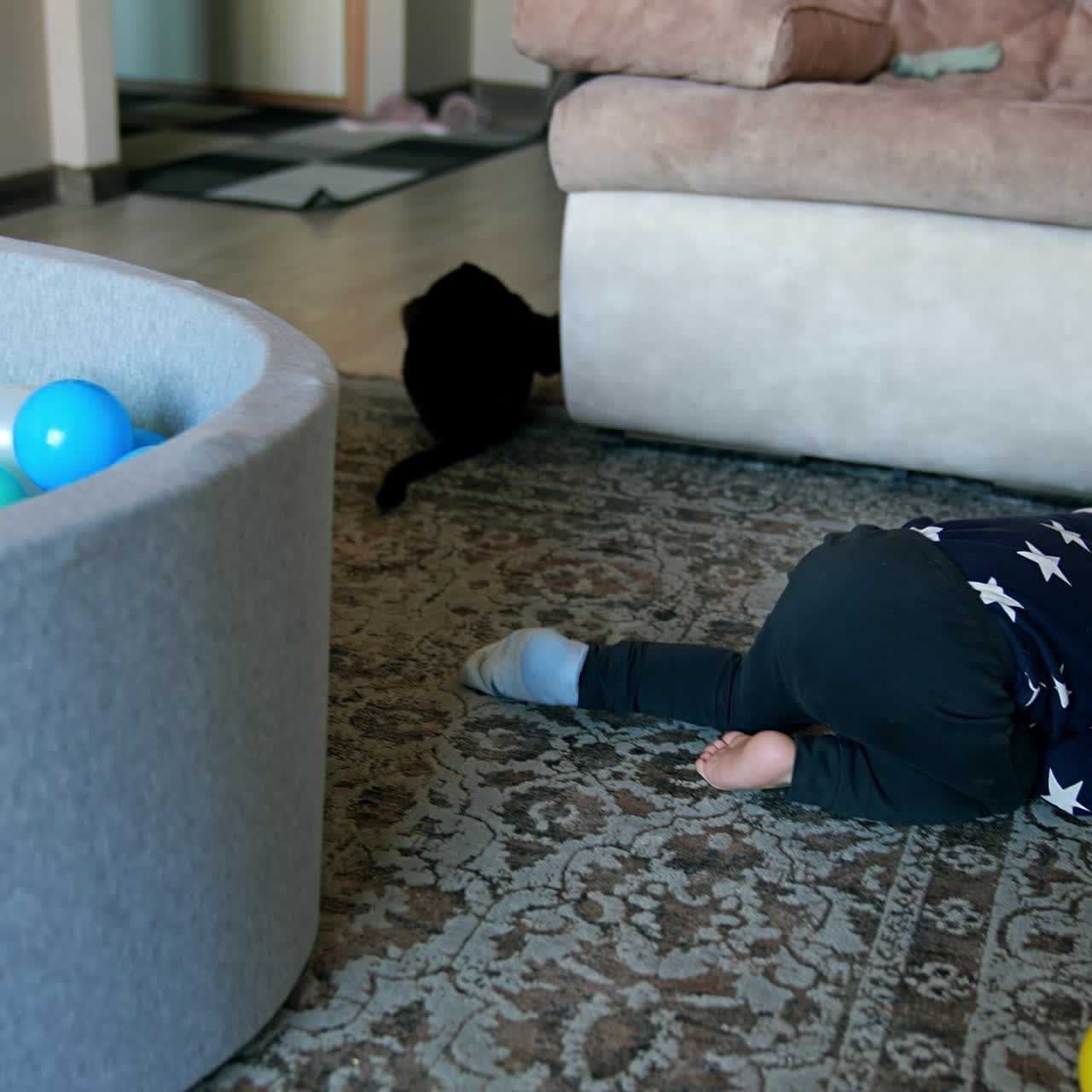 Un bambino caucasico esce dalla vasca asciutta. Un neonato è sdraiato sul tappeto. Un gatto nero osserva il bambino