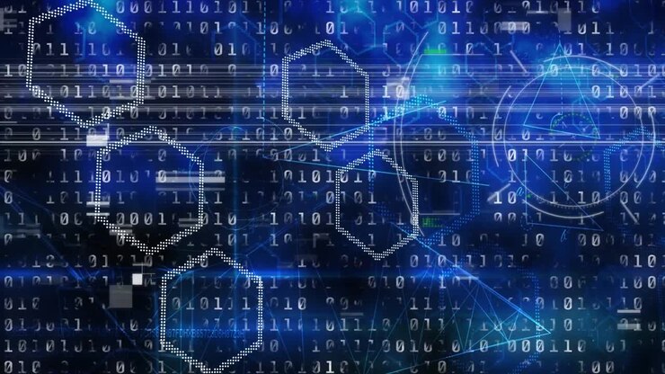Scope scanning over binary coding data processing against hexagonal shapes on blue background