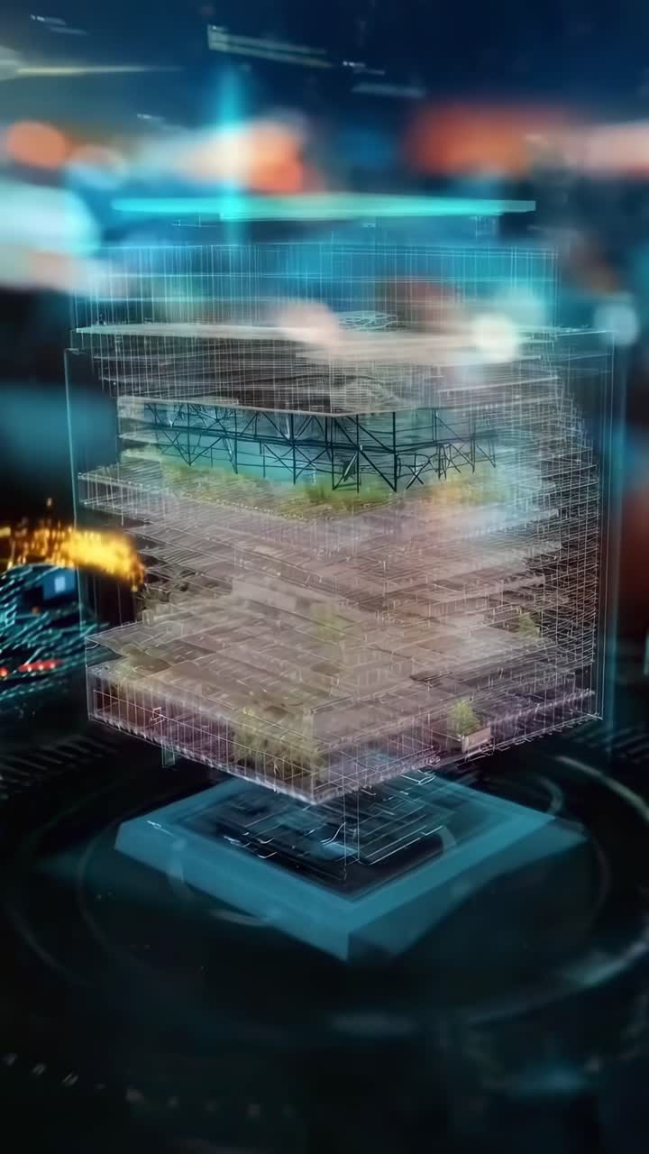 Futuristic 3D building wireframe, top-down angle, glowing blue. Perfect for tech video. Live mobile