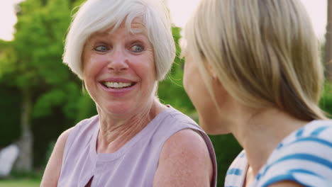 happy senior woman and adult daughter talking in garden