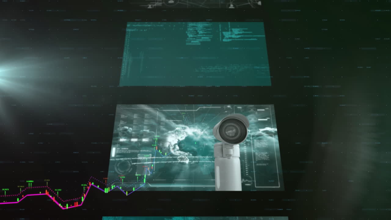 animación de pantallas con procesamiento de datos sobre un fondo oscuro