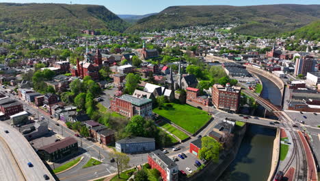 Epic-aerial-of-Western-Maryland,-Cumberland-in-Allegany-County