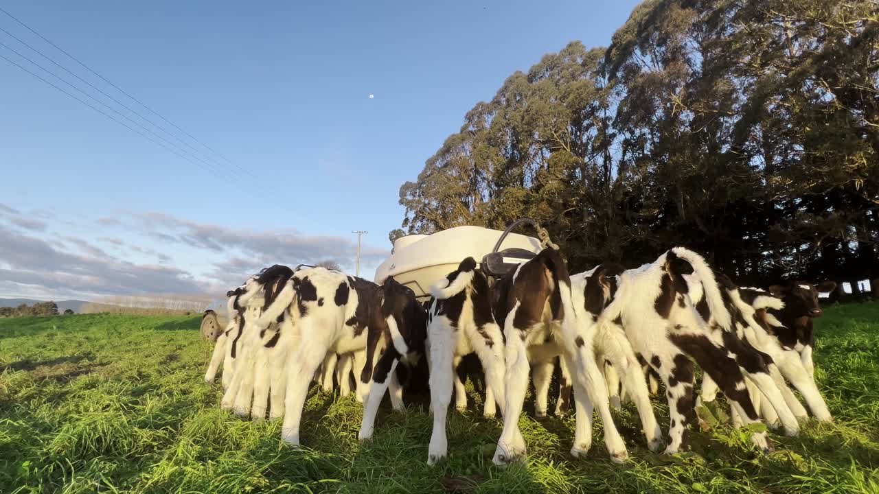 Young spotted calves feed at the trough while happily wagging their tails. Peaceful life on the farm