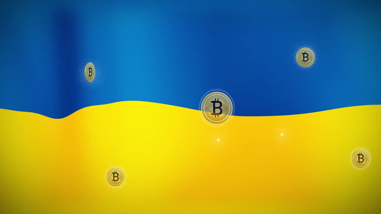 Animace bitcoinových symbolů nad ukrajinskou vlajkou