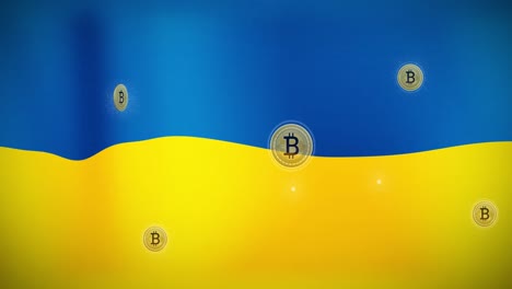 Animation-Von-Bitcoin-Symbolen-über-Der-Flagge-Der-Ukraine
