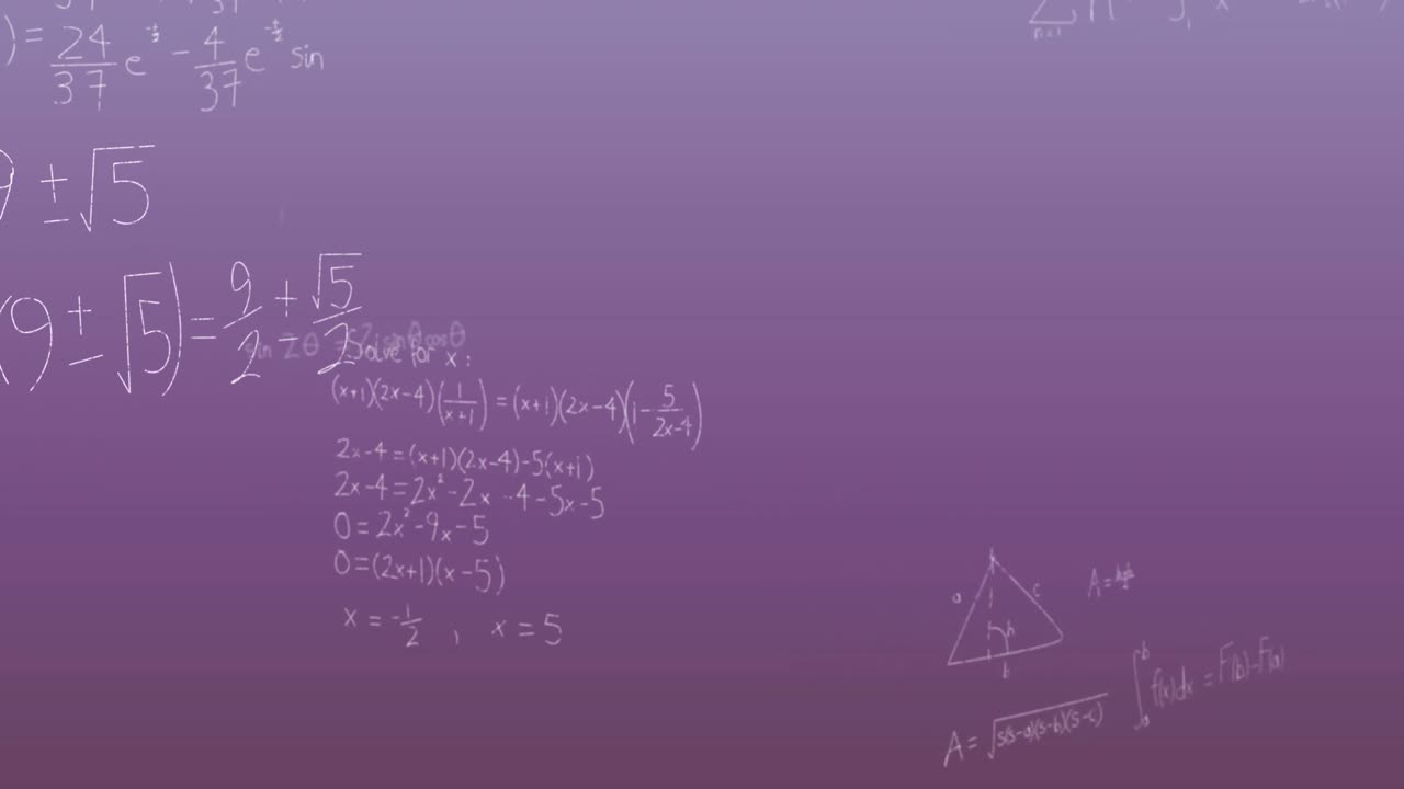 Animation of mathematical equations and formulas floating against purple gradient background