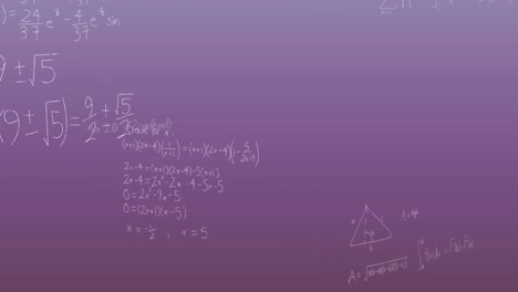 Animation-Mathematischer-Gleichungen-Und-Formeln,-Die-Vor-Einem-Violetten-Hintergrund-Mit-Farbverlauf-Schweben