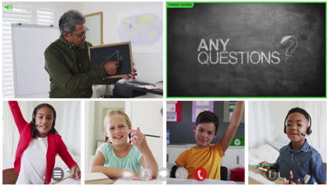 animation of video call screens of chalkboard and diverse teacher and children having online lesson