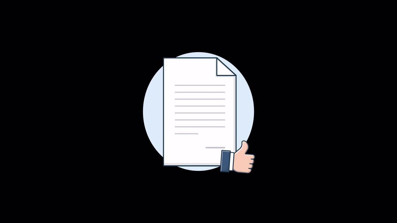 Illustrazione animata di un documento con pollice in su per l'approvazione
