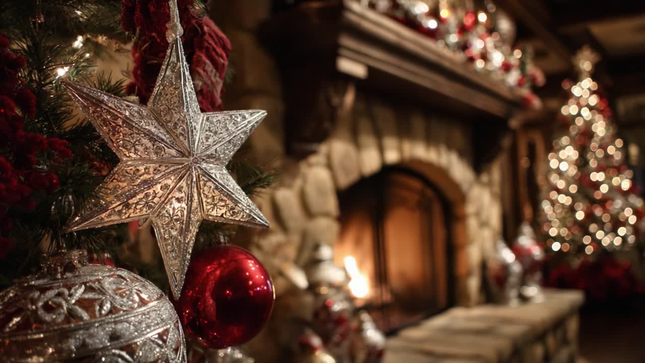 A Cozy Christmas Scene Featuring a Beautifully Decorated Fireplace Adorned with Silver Stars and Shimmering Ornaments, Perfect for Holiday Gatherings