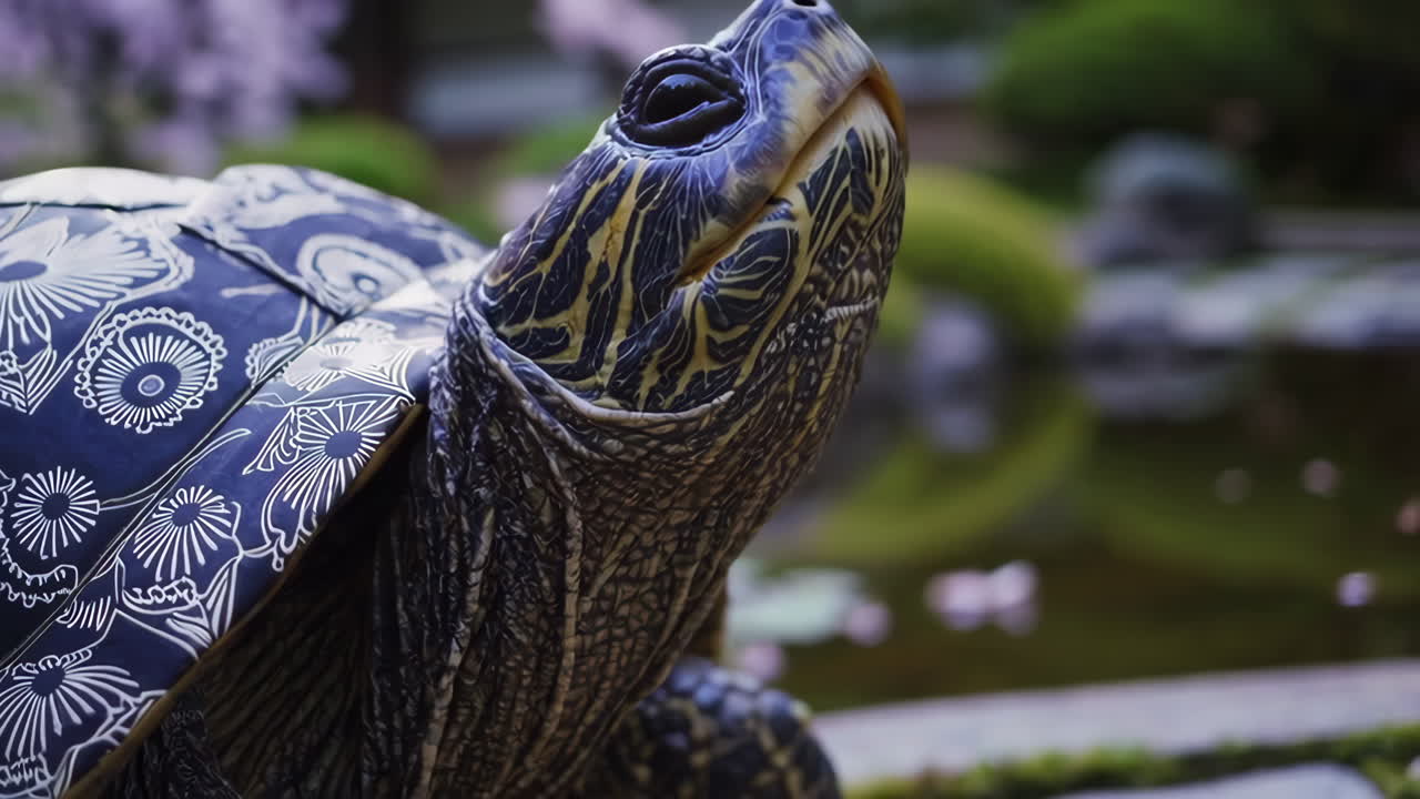 Turtle in a Japanese Garden with Cherry Blossoms