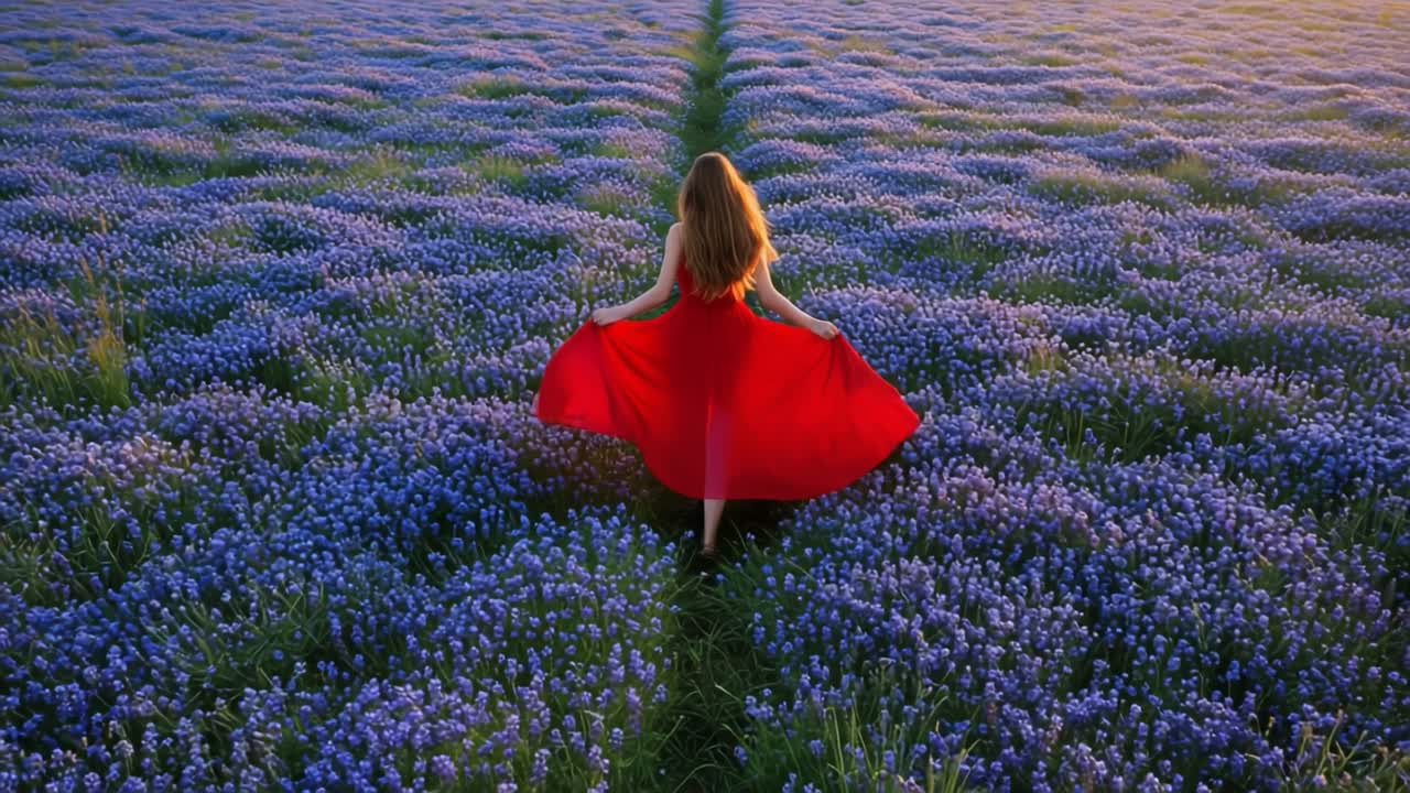 Woman in Red Dress Walking Through a Field of Purple Flowers