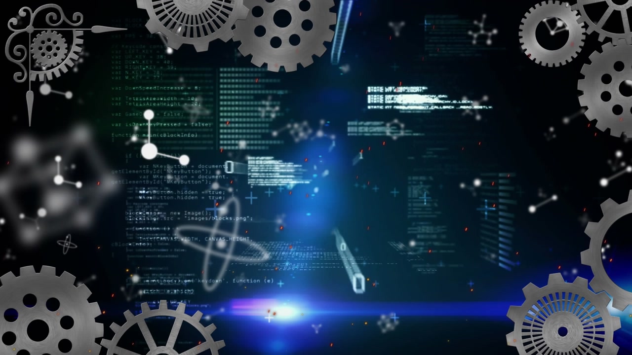 Animated Background of Digital Code, Science, and Mechanical Gears