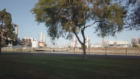 factories, trees, highway and canals