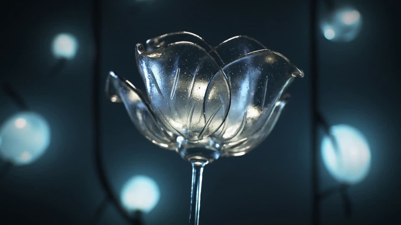Primo piano di un fiore di vetro che inizia a ruotare in studio, rivelando bolle e riflettendo luci blu
