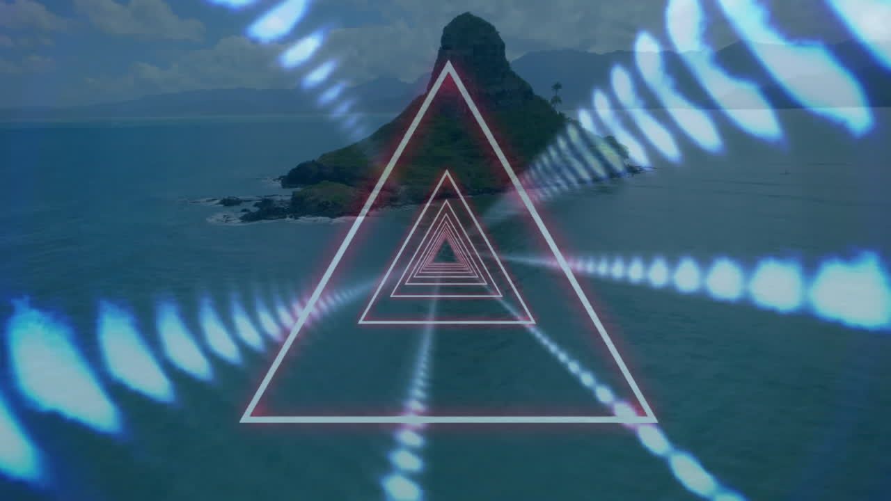 Tropical island with geometric triangle animation over ocean landscape in view