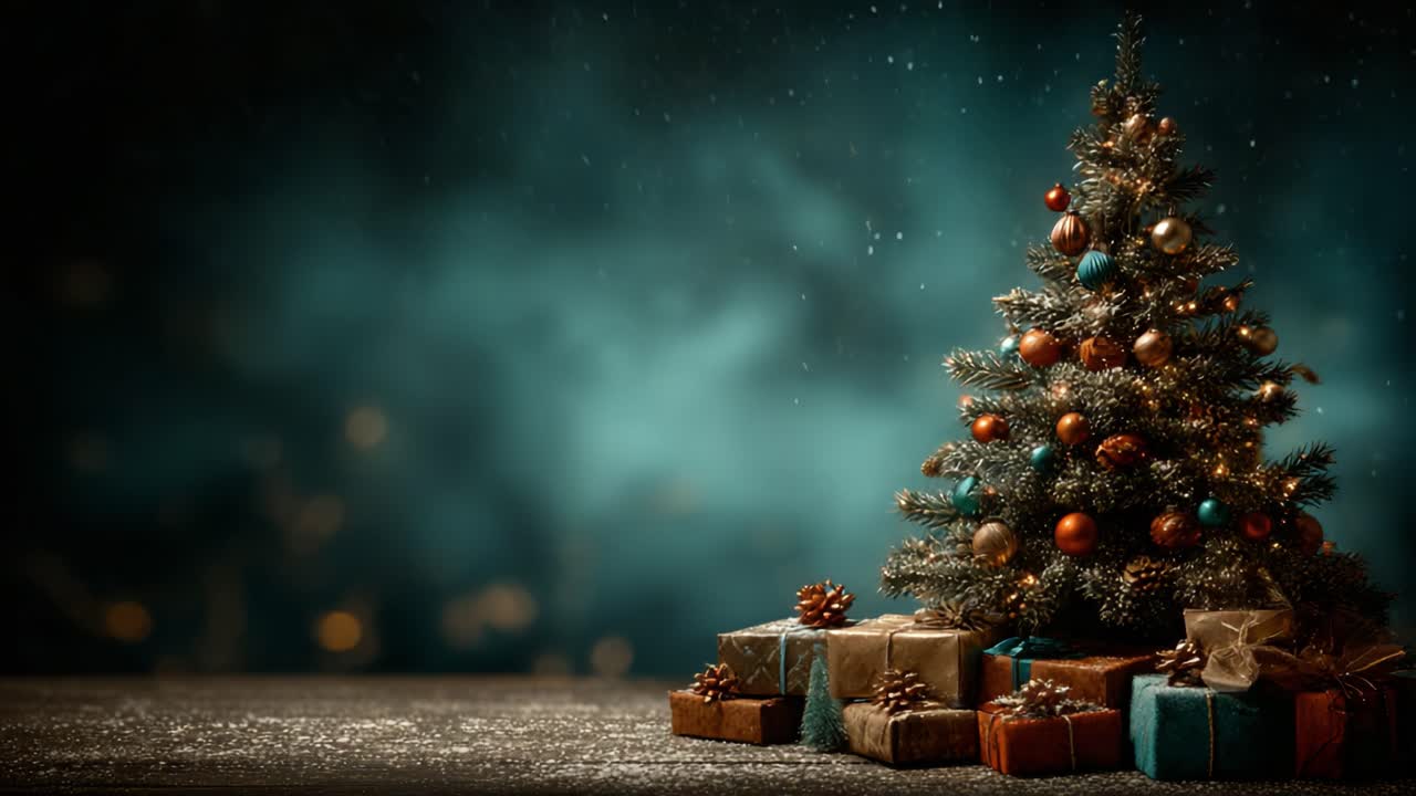 Un albero di Natale decorato con gusto, ornato di decorazioni scintillanti, circondato da regali colorati e fiocchi di neve luccicanti, che crea un'atmosfera festosa e magica