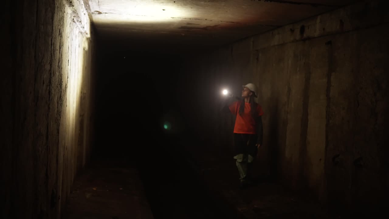 불 을 들고 어두운 터널 을 탐험 하는 사람