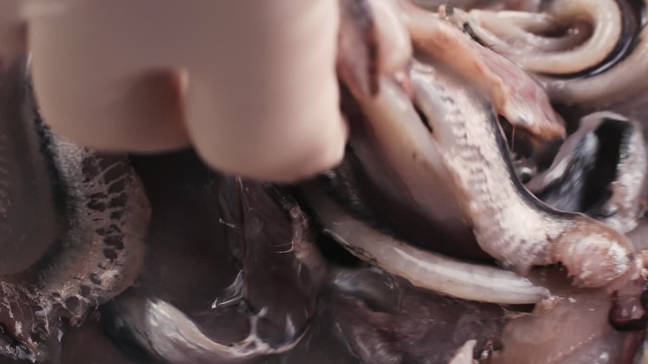 Fresh Sea sardines and Anchovy Fish and Mullus On Display On Ice On Market Store Shop. Seafood Fish Background, close up stand of small salty white fish.
