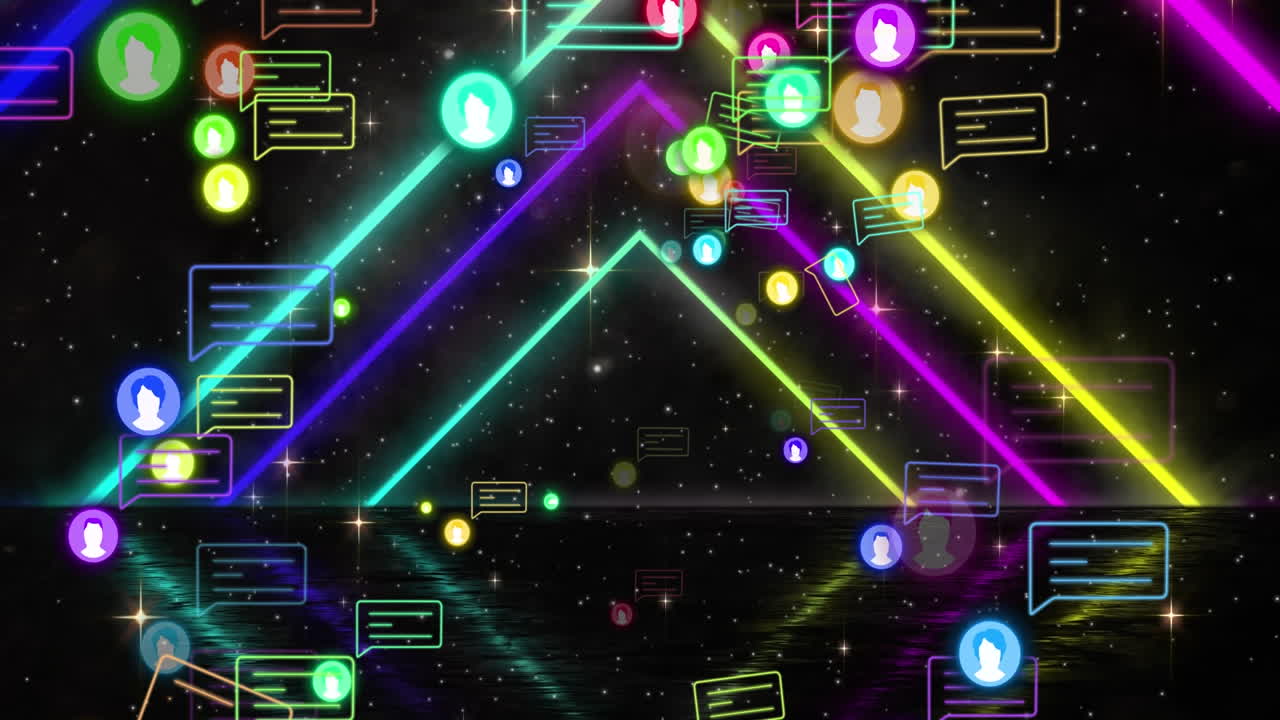 검은색 배경에 있는 미디어 아이콘과 모양의 애니메이션