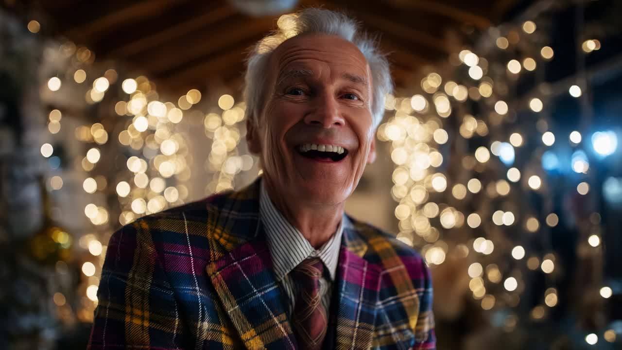 Joyful Elderly Man in Colorful Suit Smiling Under Festive Lights in Cozy Atmosphere, Spreading Cheer and Warmth as He Celebrates Life's Moment with Genuine Laughter Surrounded by Twinkling Decorations