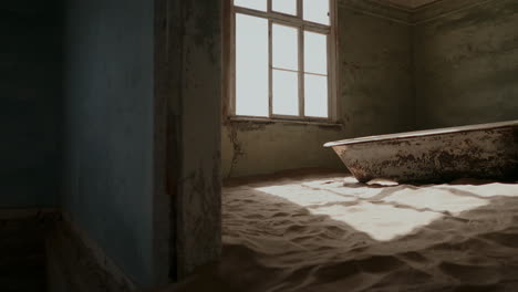 abandoned room filled with sand and rusty bathtub