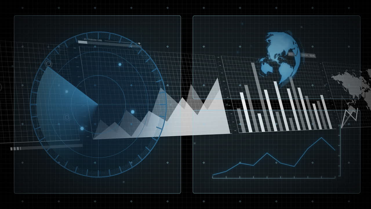 Digital interface with world map and graphs in futuristic animation design