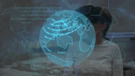 mujer usando auriculares de realidad virtual y globo digital