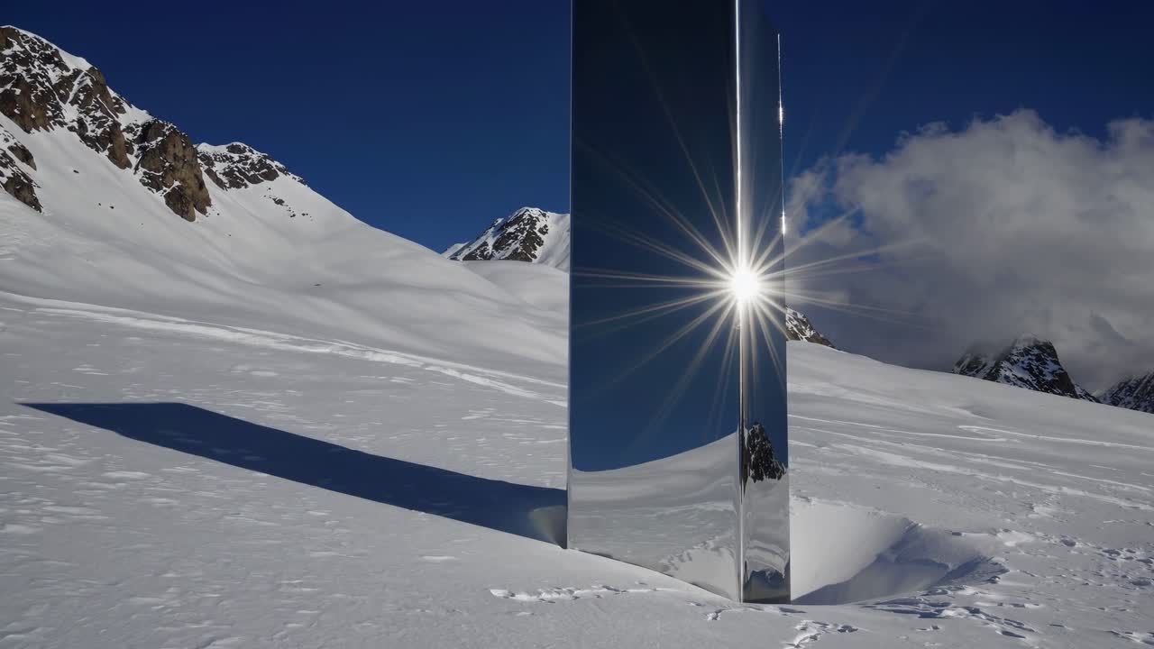 A video still of a mysterious monolith in snowy mountains, captured from a low angle