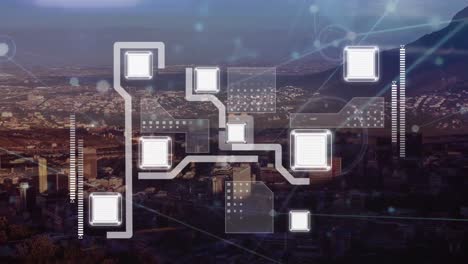 Animation-of-network-of-connections-and-computer-circuit-board-over-cityscape